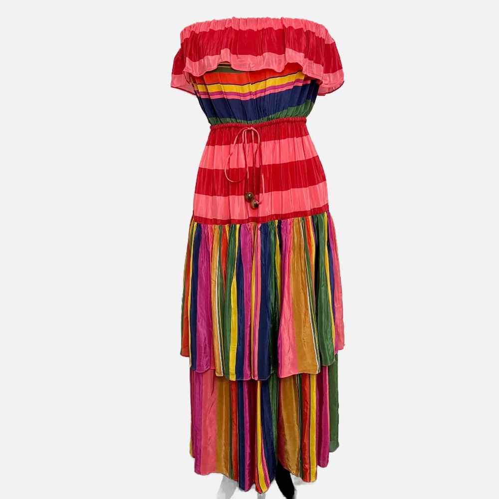 Farm Rio MIXED STRIPES STRAPLESS ruffle DRESS Sz M NWT - Picture 11 of 12